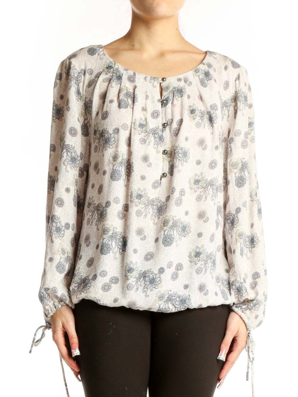 Lucky Brand Floral Print Peasant Popover Top Ecru Navy Small #A4523